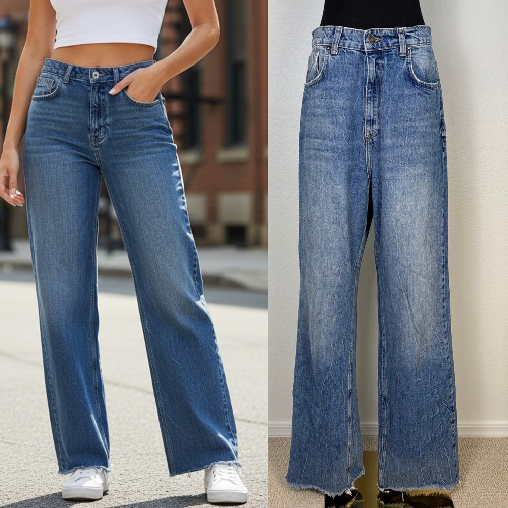 We the Free High Rise Straight Leg Light Wash Denim Jeans, Size 30, Frayed Hem